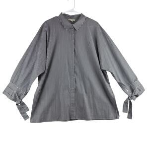 Jane + Delancy Button Up Blouse Women's 1X Black White Striped Cotton Tie READ